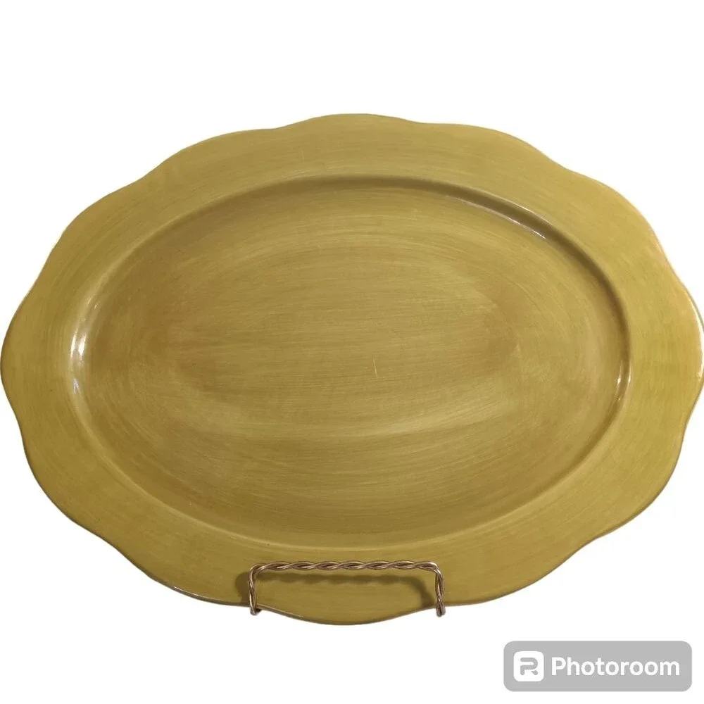 Vintage Gibson Green Hand Painted Oval Serving Tray 14 X 10.5
